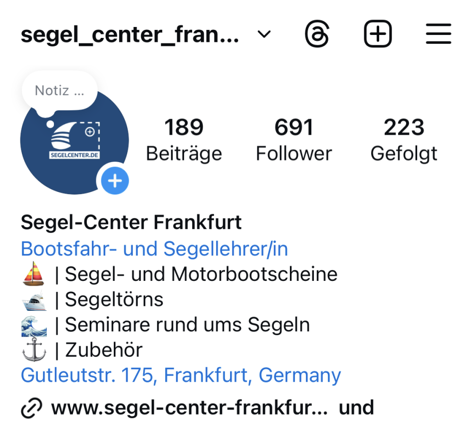 Instagram Account des Segel-Centers Frankfurt